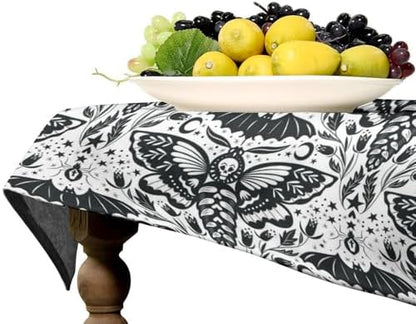 Boho Moth Tablecloth, Gothic Mysterious Halloween Black White Death Butterfly Bat Witch Print Table Cloth for Kitchen Dining Picnic Party Restaurant Decoration 60x110in