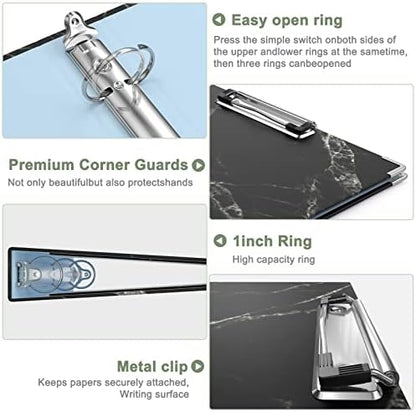 Rouidr 3 Ring Binder with clipboard, 1 inch 8.5 x 11 in Letter Size View Binders Organizer with Dividers Tabs & Clear Sleeves, School Supplies, Office Supplies, Black Textured Marble