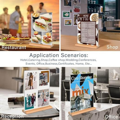 Kersally Acrylic Sign Holder 8.5 x 11, 4 Pack Double-Sided Clear Vertical Table Display Stands with Wood Base,Acrylic Frame Menu Flyer Paper Holder for Stores, Restaurants, Hotels, Office, Show Fair