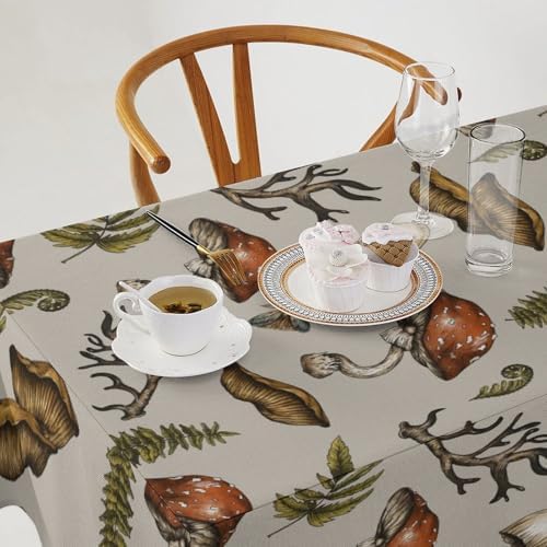 Vintage Woodland Mushroom Tablecloth, Nature Forest Plants Botanical Ferns Print Table Cloth for Farmhouse Kitchen Party Picnic Dinner Decor 55x75in