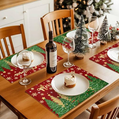 Christmas Placemats Set of 4, Merry Christmas Heat Resistant Washable Dining Table Mats Xmas Holiday Farmhouse Decor for Kitchen&Linens Outdoor Indoor, Gold Star Xmas Tree Snowflakes