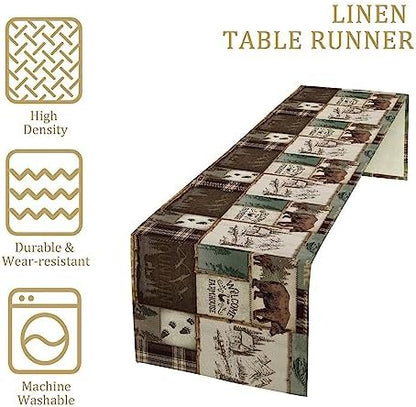 Rustic Cabin Bear Table Runner, Vintage Cottage Country Style Pine Tree Elk Wildlife Dinner Runner for Home Kitchen Dining Table Decoration 13"x70"