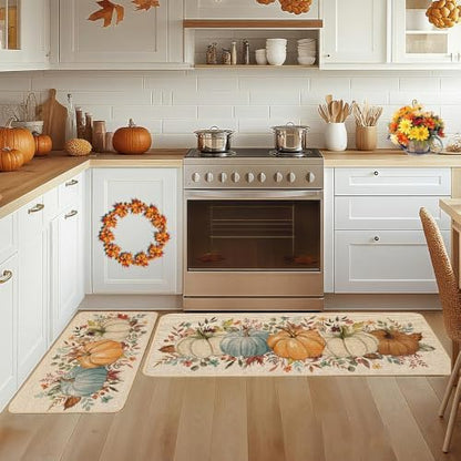 Baccessor Fall Pumpkin Kitchen Rug Autumn Set of 2,17x29 and 17x47 Inch