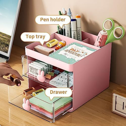 Marbrasse Small Desk Organizer with Drawer, Multi-Functional Pen Pencil Holder Storage Box, Desk Organizers and Accessories with 3 Compartments + 2 Drawer for Office Art Supplies(Pink)