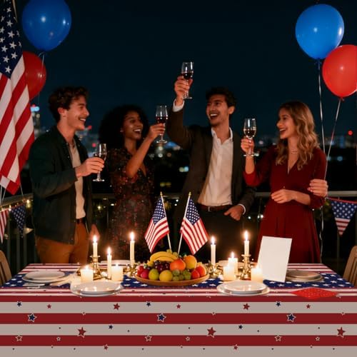 CXPSINC 54 Inch X 100 Feet 4th of July Patriotic Plastic Table Cover Roll Disposable American Flag Tablecloth with Slide Cutter for Veterans Day, Patriotic, Memorial, Fourth of July, Independence