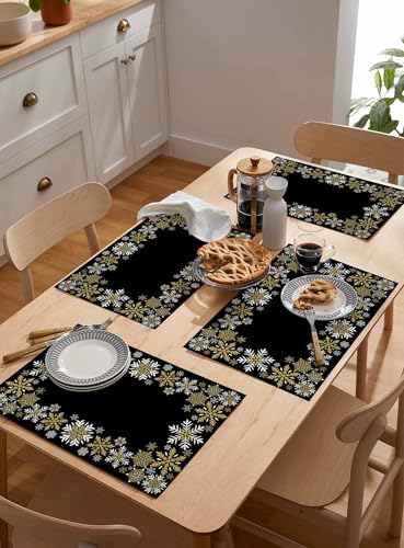 Gold White Snowflakes Chriatmas Placemats Set of 4, Winter Xmas Holiday Heat Resistant Washable Table Place Mats Black Cotton Table Linens Party Holiday Decor for Kitchen Dining Outdoor Indoor