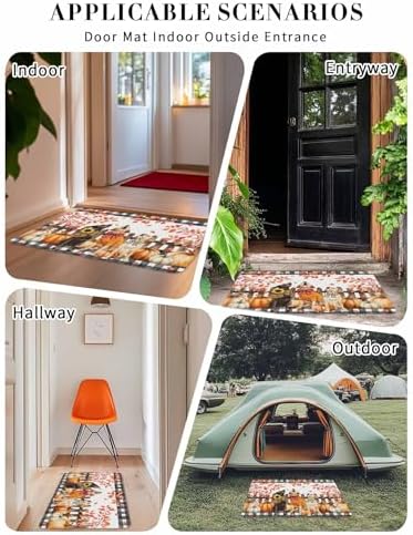 Fall Door Mat Orange Pumpkin Dog Doormat Bow Puppy Maple Leaves Fence Plaid Harvest Thanksgiving Welcome Mat Non Slip Entryway Front Rug Floor Mat for Indoor Outdoor Kitchen Autumn Holiday Decor 24x36
