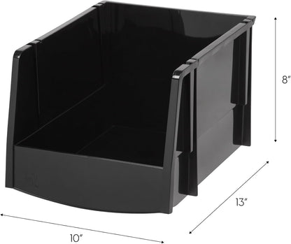 IRIS USA Stackable Storage Bins Open Front, 6 Pack, Plastic Hanging Organizer Caddy Basket for Hardware Crafts, Small Parts, Nuts and Bolts, Garage Tool Storage, Extra Large, Black