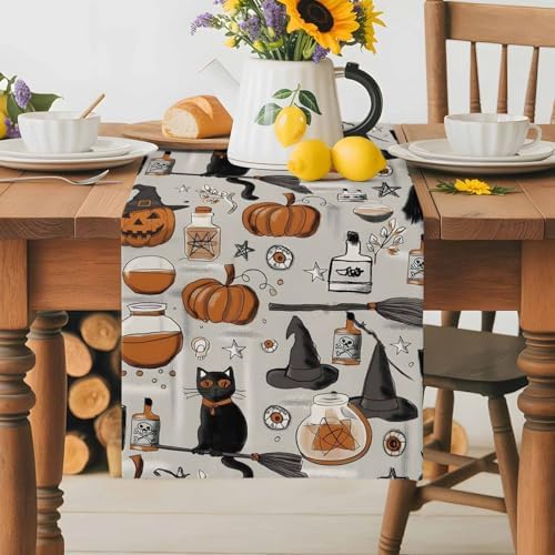 Vintage Style Table Runner Dresser Scarf 13 x 108 Inch Halloween Black Cat Orange Pumpkin Witch Hat Table Runners Non-Slip Heat Resistant Kitchen Dining Table Decor for Home Holidays Indoor Outdoor