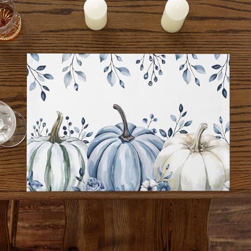 Fall Placemats Set of 6, White Blue Pumpkin Place Mats Blue Eucalyptus Leaves Tablemats Harvest Thanksgiving Placemat Table Decoration for Kitchen Table Holiday Dinner Party Autumn Home Decor