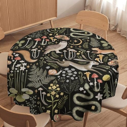 Retro Forest Curtains, Fairy Tale Woodland Wild Animals Moths Owl Snake Cartoon Flowers Mushroom Farmhouse Holiday Tablecloths for Home Kitchen Party Dinner Decor, 70x70in