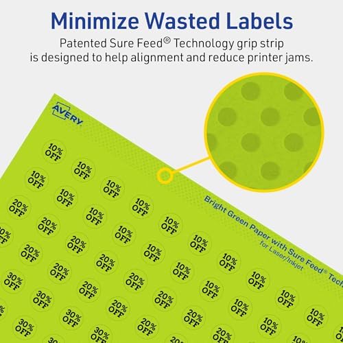 Avery Printable Round Labels, Sure Feed Technology, 1/2" Diameter, Bright Green Labels, Print-to-the-Edge, Laser/Inkjet, 12,320 Total, Great for Price Stickers and Mailing Seals