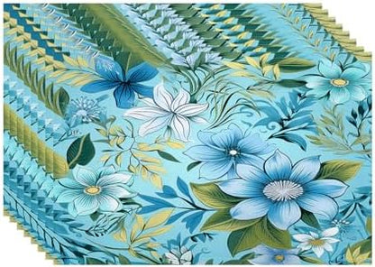 Batmerry Floral Light Blue Linen Placemats Set of 8, Blue Green Floral Washable Table Mats for Kitchen Table Thickened Heat Insulation Dining Set Indoor Outdoor 12X18 in