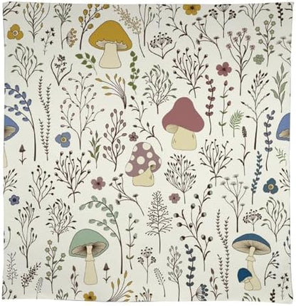 Mushroom Tablecloth, Boho Floral Rustic Wildflower Herbs Plants Colorful Botanical Green Leaves Print Table Cloth for Kitchen Dining Picnic Party Restaurant Decoration 60x90in