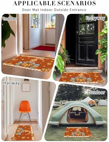 Fall Door Mat Pumpkin Gnome Doormat Maple Leaf Orange Buffalo Plaid Harvest Thanksgiving Welcome Mat Non Slip Rubber Entryway Front Rug Floor Mat for Indoor Outdoor Kitchen Autumn Holiday Decor 18x30