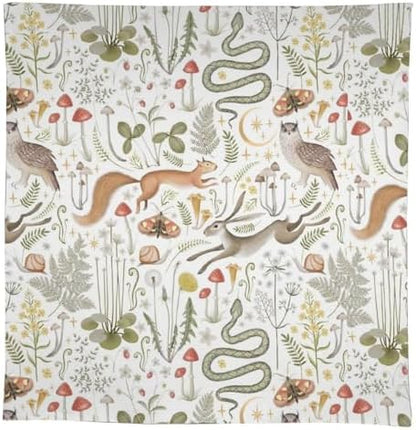 Country Forest Tablecloth, Wild Animal Hare Squirrel Owl Snake Snail Flowers Mushroom Table Cover for Tea Party Weddings Indoor Outdoor Dining 55x55in