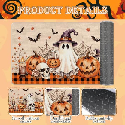 Halloween Kitchen Mats Set of 2, Pumpkin Ghost Skull Kitchen Rugs