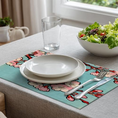 Batmerry Shabby Chic Cherry Blossom Linen Placemats Set of 8, Pink Floral Turquoise Background Washable Table Mats for Kitchen Table Thickened Heat Insulation Dining Set Indoor Outdoor 12X18 in