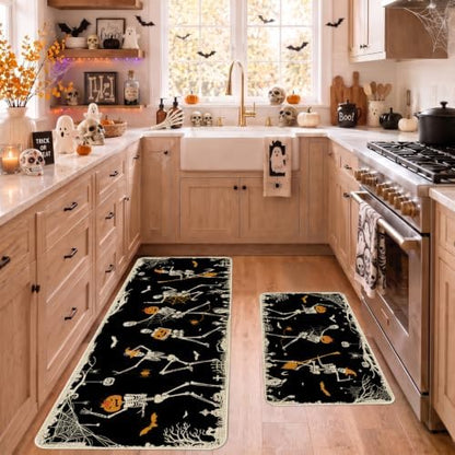 Halloween Kitchen Mat Decor, Skeleton Black Halloween Kitchen Rugs Set of 2