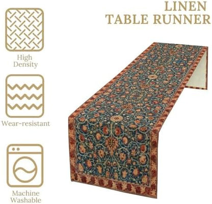 William Morris Table Runner, Rustic Boho Ethnic Flower Original Design Print Table Runner for Home Party Dining Room Kitchen Decor 13x120 Inch