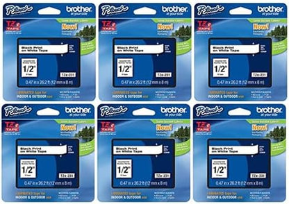 Brother Genuine P-Touch, TZe-231 6 Pack Tape ½” (0.47”) x 26.2 ft. (8m) 6-Pack Laminated P-Touch Tape, Black on White, Perfect for Indoor or Outdoor Use, Water Resistant, TZE2316PKB (TZE231)
