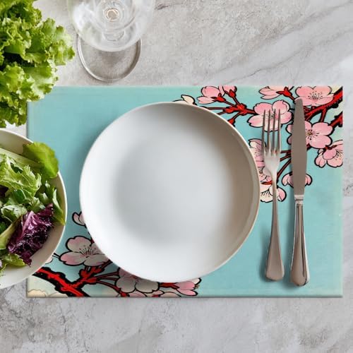 Batmerry Shabby Chic Cherry Blossom Linen Placemats Set of 8, Red Black Cherry Branch Washable Table Mats for Kitchen Table Thickened Heat Insulation Dining Set Indoor Outdoor 12X18 in