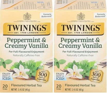 Twinings Peppermint & Creamy Vanilla Herbal Tea Individually Wrapped Bags, 20 Count (Pack of 2), Formerly Buttermint, Naturally Caffeine-Free, Enjoy Hot or Iced