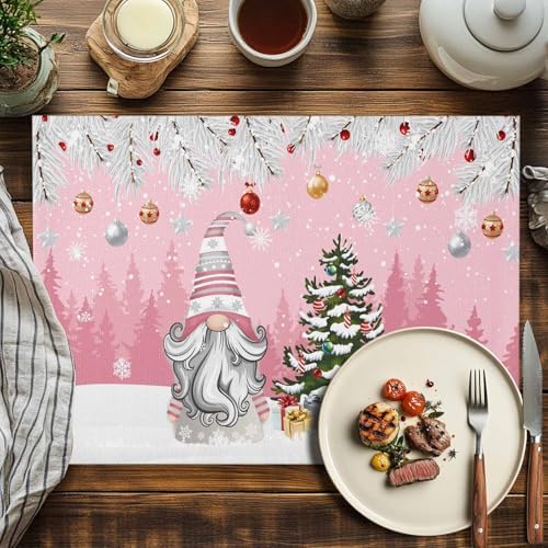 Christmas Gnome Placemats Set of 6, Winter Merry Christmas Tree Balls Heat Resistant Washable Table Place Mats Pink Cotton Table Linens Party Holiday Decor for Kitchen Dining Outdoor Indoor