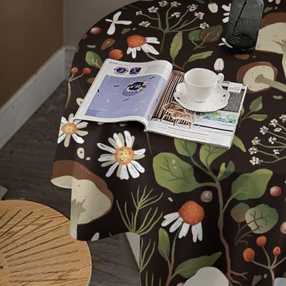 Wild Mushrooms Tablecloth, Rustic Chamomile Flowers Herbs Plants Retro Botanical Mushroom Natural Print Table Cover for Kitchen Dining Room Picnic Camping Indoor Outdoor, 50x50in