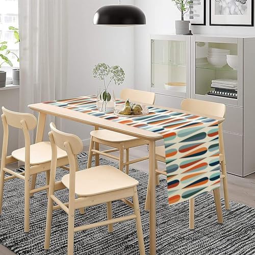 Mid Century Modern Table Runner Retro Blue Orange Grey Water Droplets Geometric Table Runner for Kitchen Dining Room Dining Table Decoration 13x120in