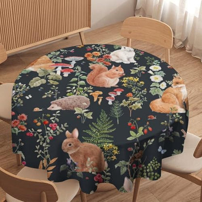 Watercolor Forest Tablecloth, Rustic Woodland Animals Squirrel Rabbit Fox Wild Flower Mushroom Leaves Print Table Cloth Cover for Kitchen Dining Indoor Outdoor Decor, 36x36in