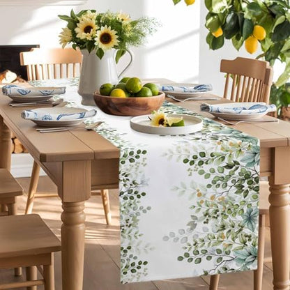 Green Eucalyptus Leaf Table Runner Dresser Scarf 13 x 120 Inch Farm Sage Green Orange Leaves Branch Table Runners Non-Slip Heat Kitchen Dining Tabletop Cover for Indoor Outdoor Home Party Decoration