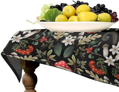 Autumn Mushroom Tablecloth, Rustic Vintage Farmhouse Mushrooms Fern Berries Leaves Botanical Print Table Cover for Outdoor Party Picnic Kitchen Dinning Table Decor 55x55in