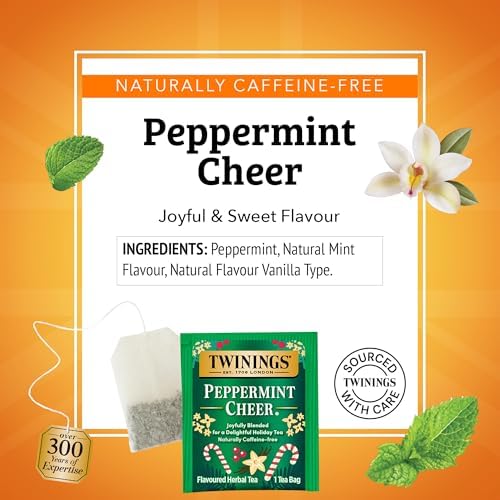 Twinings Peppermint Cheer Herbal Tea Individually Wrapped Bags, 20 Count (Pack of 2), Peppermint & Vanilla, Naturally Caffeine-Free, Enjoy Hot or Iced, 20 Teabags