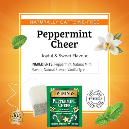 Twinings Peppermint Cheer Herbal Tea Individually Wrapped Bags, 20 Count (Pack of 1), Peppermint & Vanilla, Naturally Caffeine-Free, Enjoy Hot or Iced, 20 Teabags