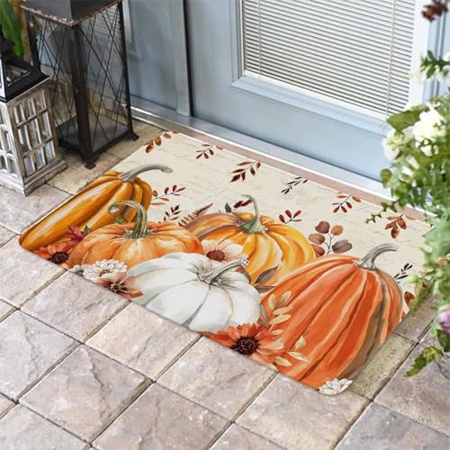 Fall Door Mat Harvest Pumpkin Doormat Orange Flower Eucalyptus Leaves Beige Harvest Thanksgiving Welcome Mat Non Slip Entryway Front Rug Floor Mat for Indoor Outdoor Kitchen Autumn Holiday Decor 18x30