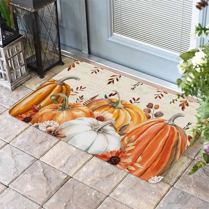 Fall Door Mat Harvest Pumpkin Doormat Orange Flower Eucalyptus Leaves Beige Harvest Thanksgiving Welcome Mat Non Slip Entryway Front Rug Floor Mat for Indoor Outdoor Kitchen Autumn Holiday Decor 20x32
