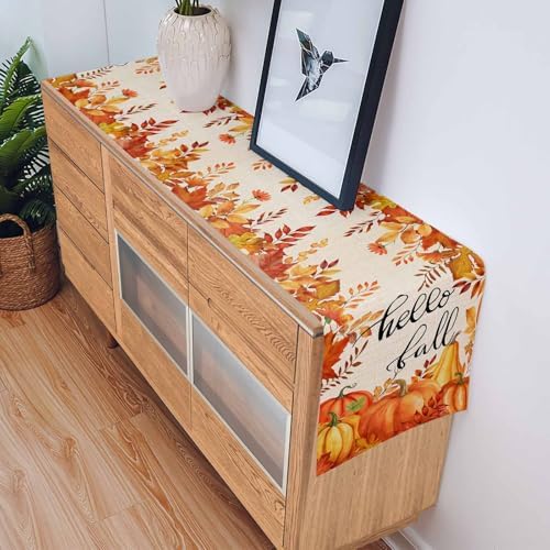 Fall Pumpkin Table Runner Dresser Scarf 14 x 72 Inch Harvest Orange Maple Leaves Table Runners Non-Slip Heat Resistant Kitchen Dining Table Decor for Autumn Thanksgiving Holidays Indoor Outdoor