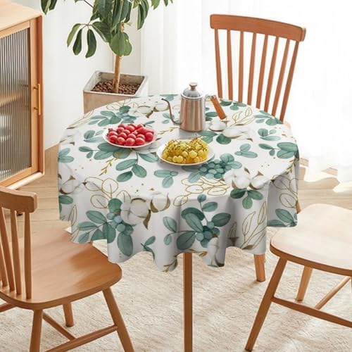 Cotton Flowers Tablecloth, Watercolor Summer Green Golden Eucalyptus Leaves Floral Print Table Cloth for Outdoor Picnic Home Dining Kitchen Table Decor, 50x50in