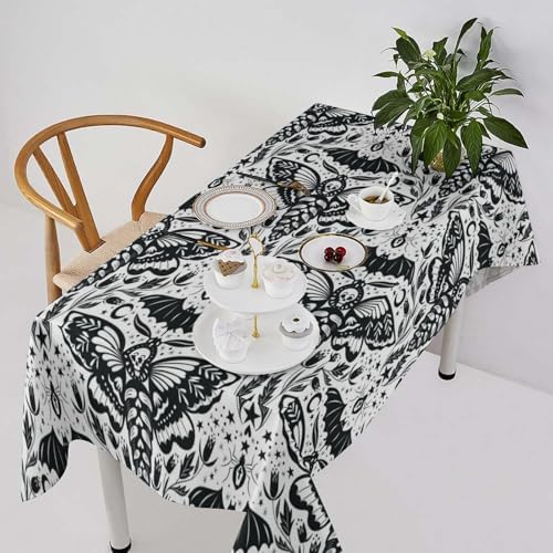 Boho Moth Tablecloth, Gothic Mysterious Halloween Black White Death Butterfly Bat Witch Print Table Cloth for Kitchen Dining Picnic Party Restaurant Decoration 55x55in