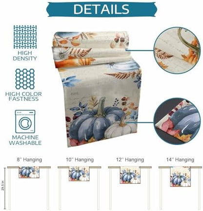Fall Pumpkin Table Runner Dresser Scarf 13 x 108 Inch Blue Orange Maple Leaf Rustic Table Runners Non-Slip Heat Resistant Kitchen Dining Table Decor for Autumn Thanksgiving Holidays Indoor Outdoor