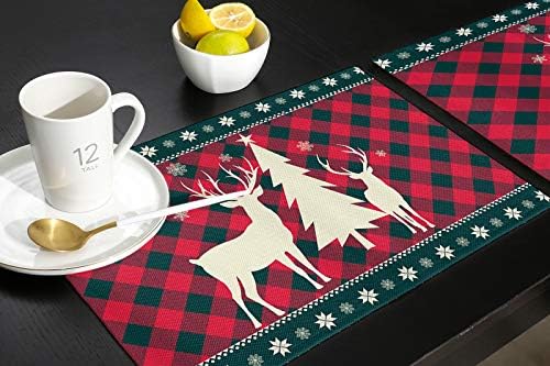 Christmas Trees Reindeer Elk Placemats Set of 6, Red Holiday Buffalo Checkered Plaid Cotton Line Stain Resistant Table Mats Washable Holidays Placemat Decoration For Kitchen Dining Table Farmhouse