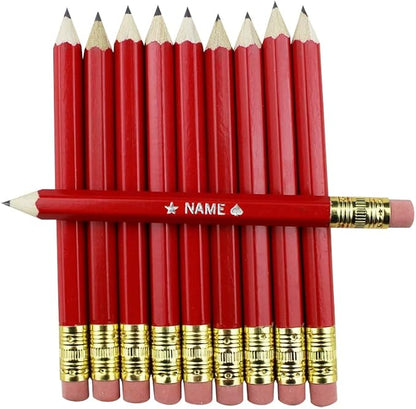 EZPENCILS & GIFTS - Golf Pencils Tipped with Eraser (1/2 a Pencil - Pew Pencils) - Red Colored Barrel - FREE-PERSONALIZATION - 2HB Black Lead - Custom Text - Non-Smear Eraser – Package of 30