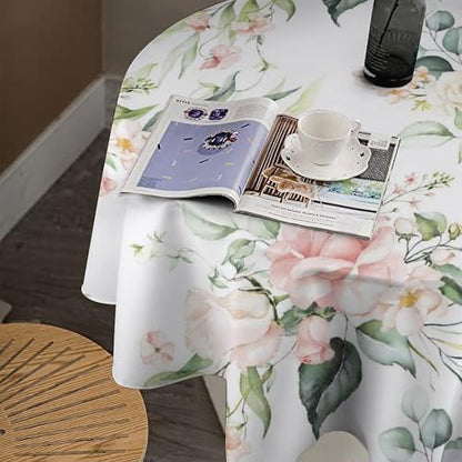 Pink Flowers Tablecloth, Watercolor Sage Green Eucalyptus Leaves Branches Floral Print Table Cloth for Picnic Party Dining Room Home Decor, 70x70in
