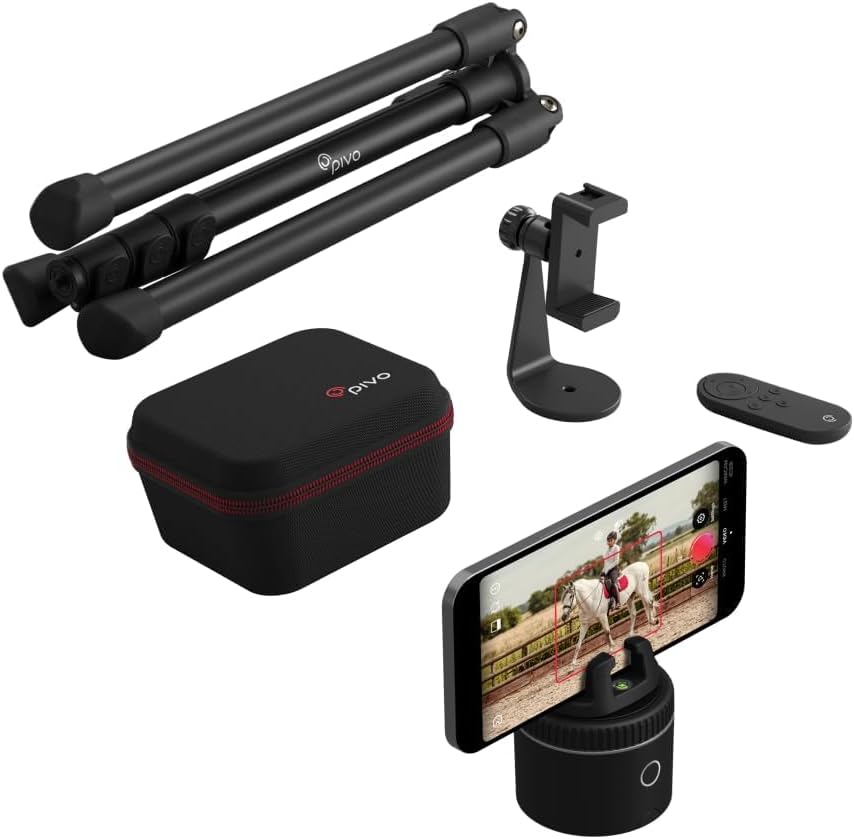 Pivo Equestrian Silver Essential Pack, Auto Face, Body, Horse Phone Tracking Holder, Ai-Powered 360° Rotation, Remote Control for Hands-Free Video Recording with Smart Mount, Travel Case & Tripod