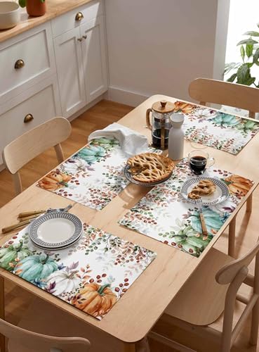 Fall Thanksgiving Placemat, Autumn Pumpkins Eucalyptus Leaves Heat Resistant Washable Dining Table Mats Fall Holiday Farmhouse Decor for Kitchen&Linens Outdoor Indoor, Blue Sage Green Orange