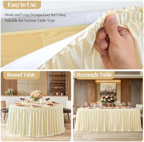 Wish Care 17ft Champagne Satin Long Table Skirt for Rectangle Tables Wrinkle Free Teacher Desk Skirt Glitter Ruffle Table Skirting Cloth for Back to School Classroom Office Birthday Party Table Decor