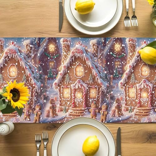 Christmas Table Runner Dresser Scarf 13 x 108 Inch Gingerbread Man House Candy Winter Night Snow Scene Table Runners Non-Slip Heat Resistant Kitchen Dining Table Decor for Home Holidays Indoor Outdoor