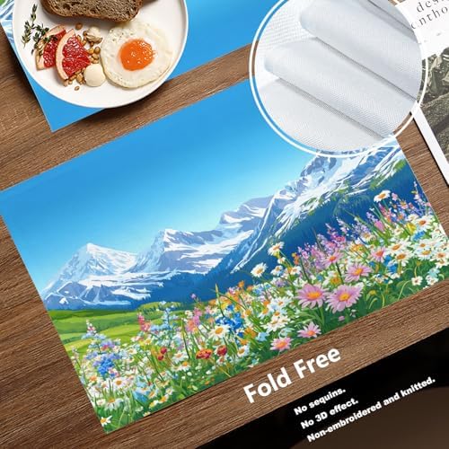 Batmerry Serene Environment Alpine Ry Linen Placemats Set of 6, Blooming Flora Mountainous Terrain Washable Table Mats for Kitchen Table Thickened Heat Insulation Dining Set Indoor Outdoor 12X18 in