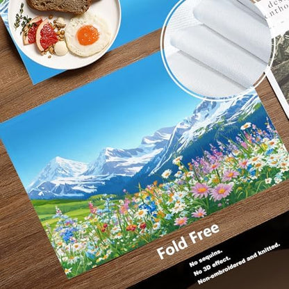 Batmerry Serene Environment Alpine Ry Linen Placemats Set of 6, Blooming Flora Mountainous Terrain Washable Table Mats for Kitchen Table Thickened Heat Insulation Dining Set Indoor Outdoor 12X18 in